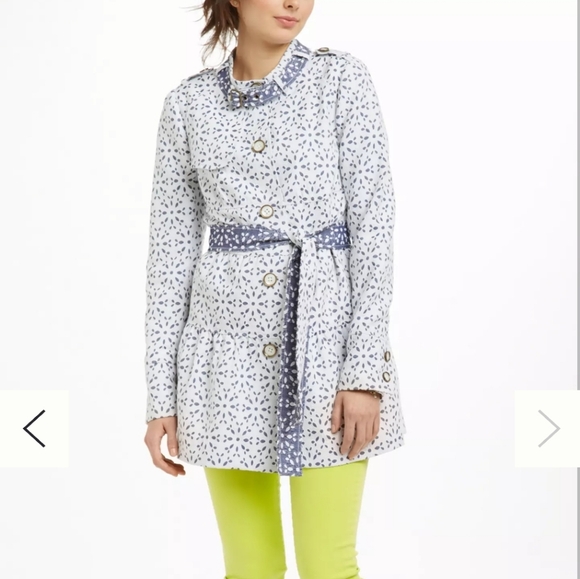 Anthropologie Elevenses White and Blue Patterned Trench Coat Size 0 - Picture 7 of 7